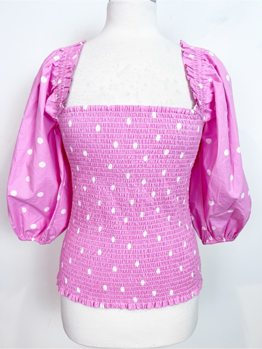 GANNI PINK WHITE POLKA DOT SMOCKED PUFF SLEEVE SHIRT WOMENS SZ 40/8 NWT